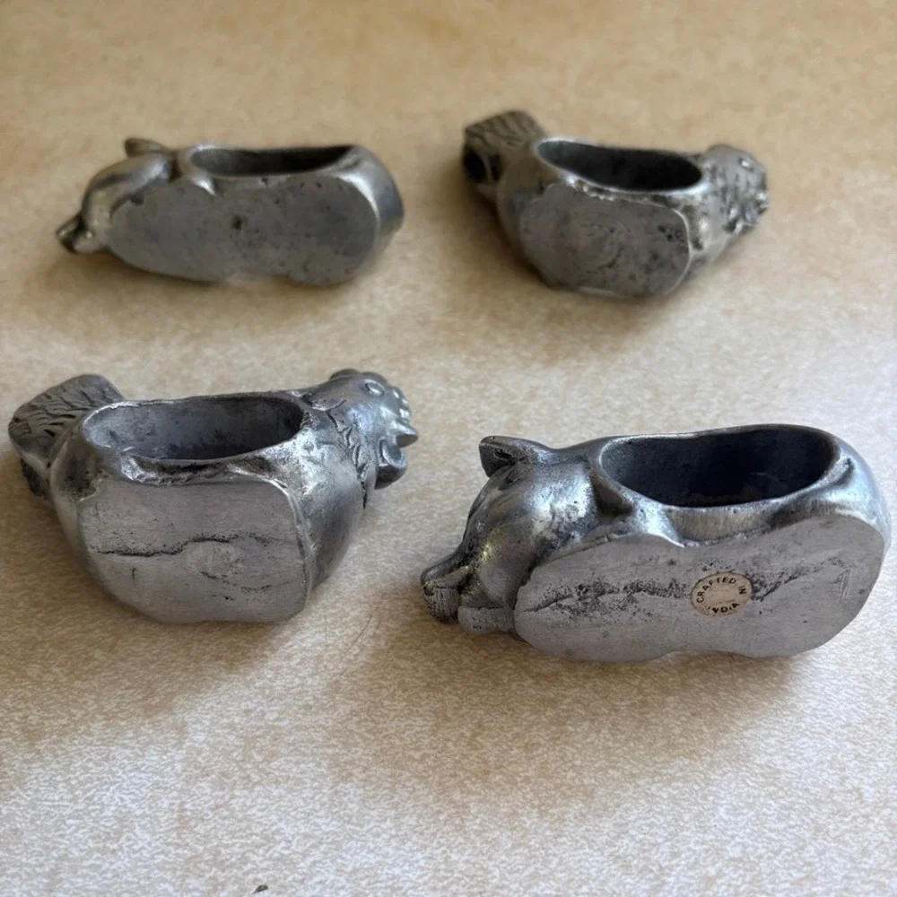 Vtg Cottagecore‎ Farm Animal Napkin Ring Set of 4 Cast Metal Pig Rooster